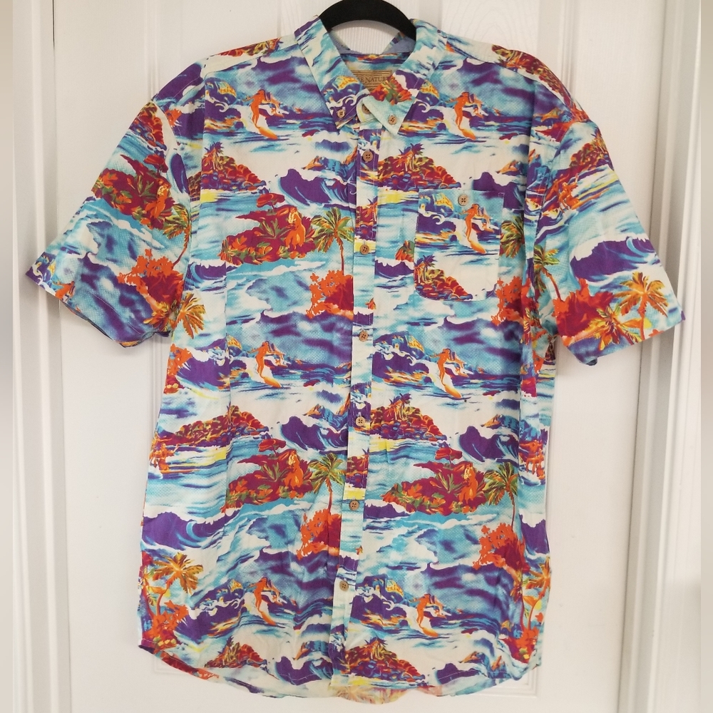 Hawian Surfer Girl Mens Short Sleeve Button Down XL Free Nature